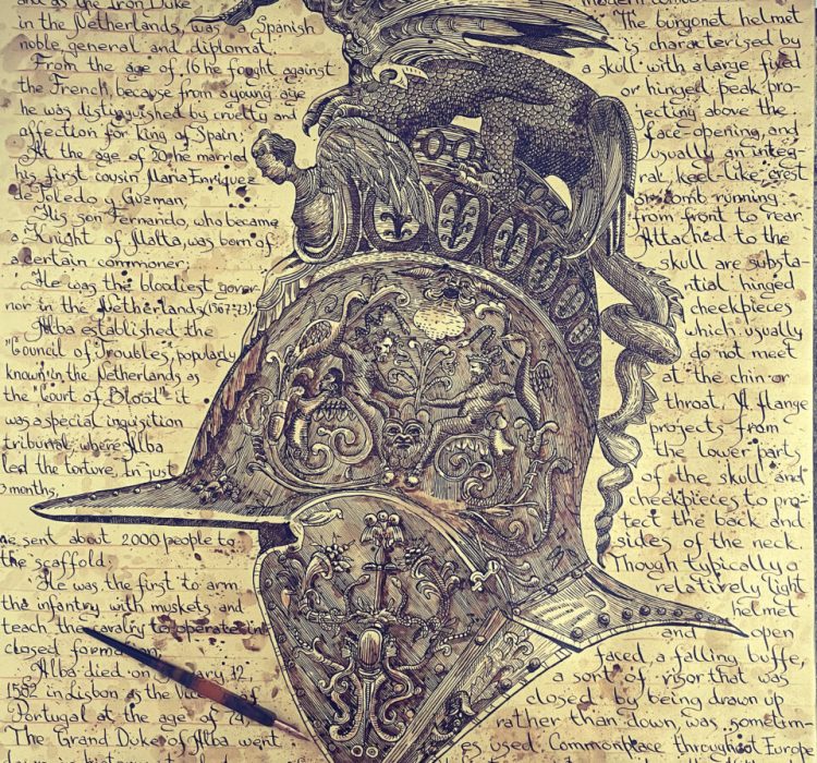 Igor Tomaily, ink, paper, "Burgonet helmet Chimera"