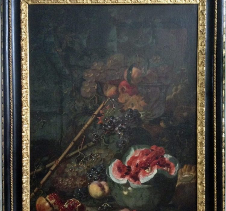 Roman School, 17th Century
A STILL LIFE WITH A WATERMELON, GRAPES, POMEGRANATES AND OTHER FRUITS ON A LEDGE
Oil On Canvas
99 By 74.5 Cm.; 39 By 29 3/8 In.