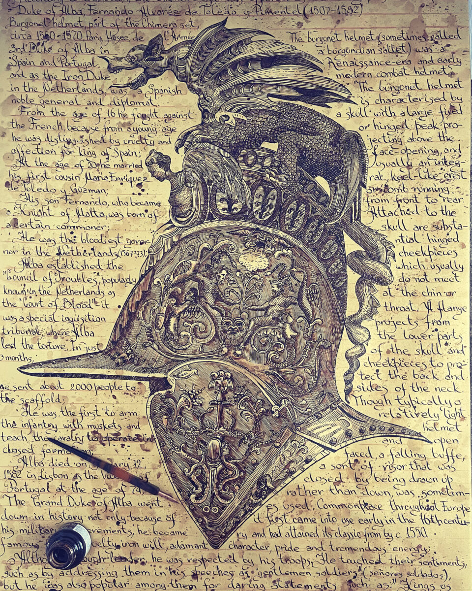 Igor Tomaily, ink, paper, "Burgonet helmet Chimera"